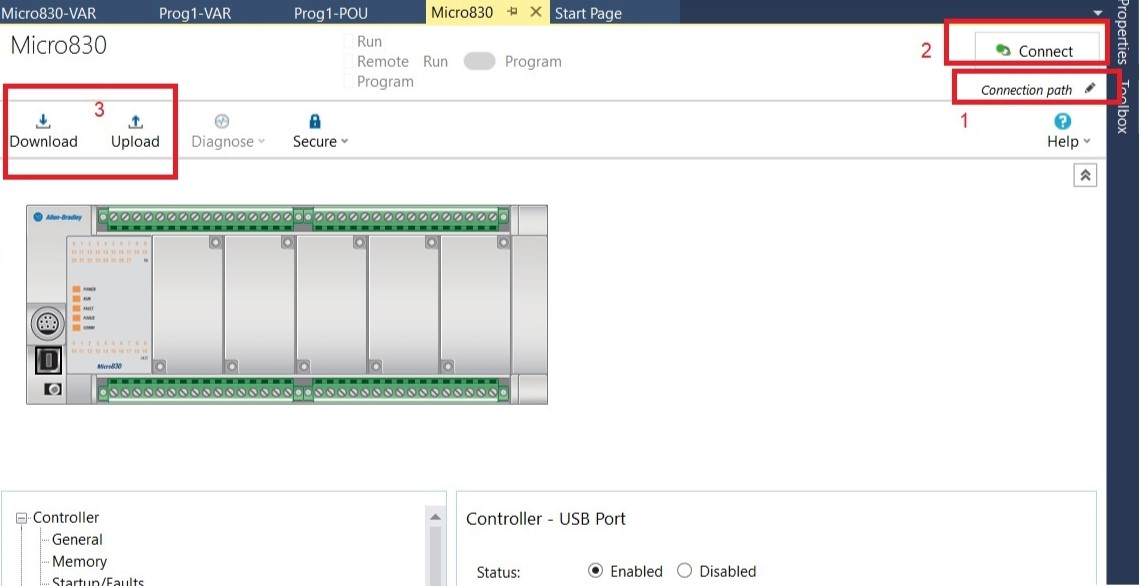 download and upload program in Connected Components Workbench